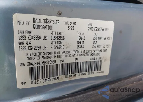 2005 Dodge Grand Caravan Sxt из США, поврежденный, VIN 2D4GP44LX5R528909